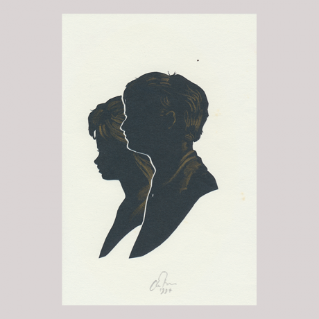 
        Front of silhouette, with two kids looking left. Close-up the boy; in the background the girl.